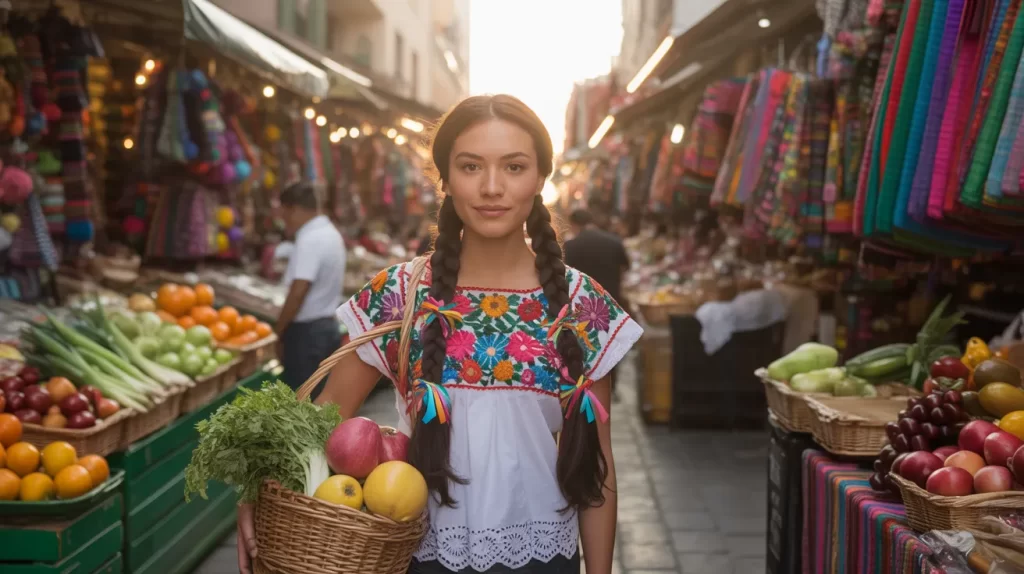 Cultural integration and its influence on Latin American appearances — young woman with Indigenous and Asian features in a colorful traditional market setting