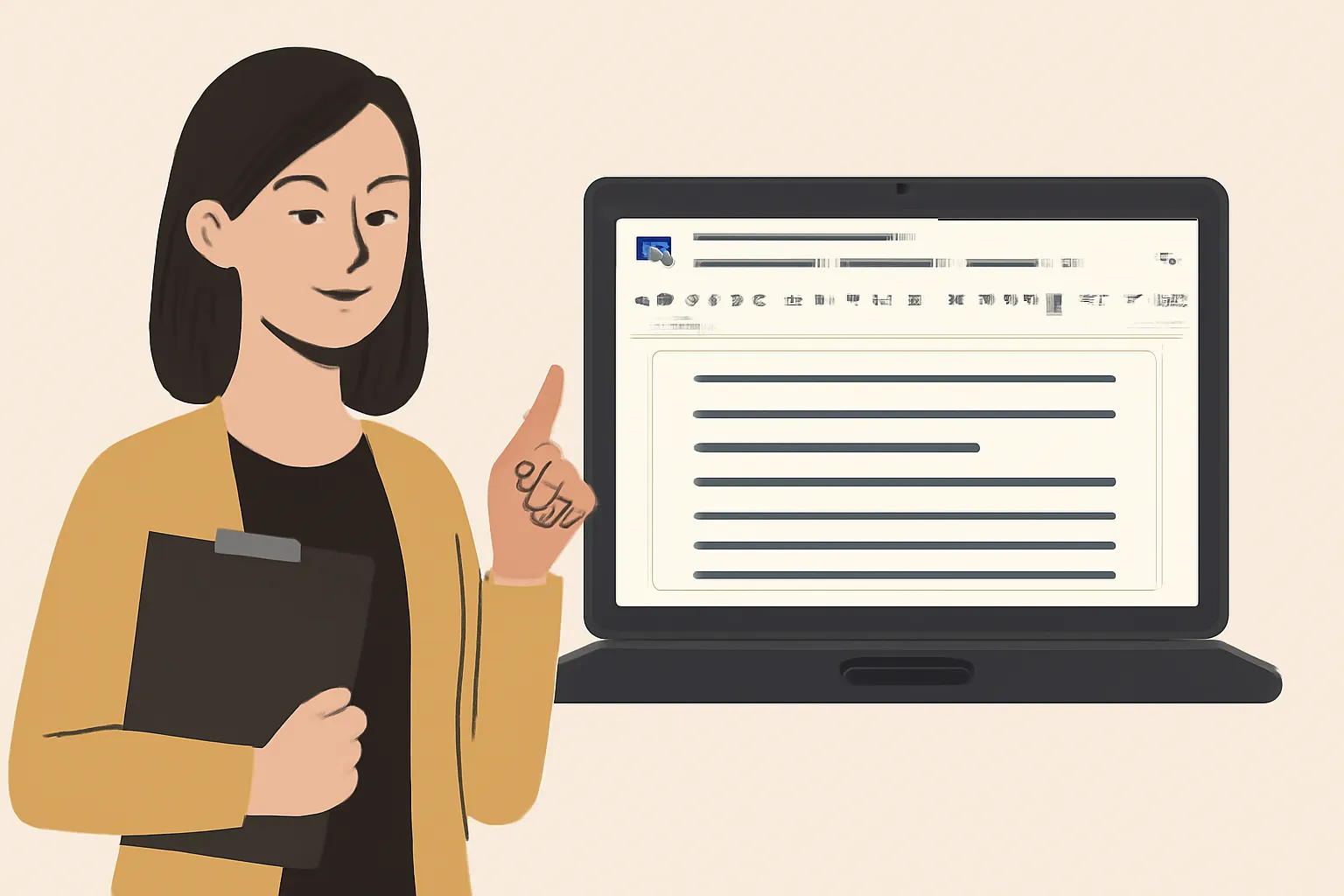A digital illustration of a female teacher pointing at a Google Docs document on a laptop screen, holding a clipboard, with a neutral background